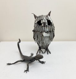 2 Metal Animal Sculptures: Owl & Gecko