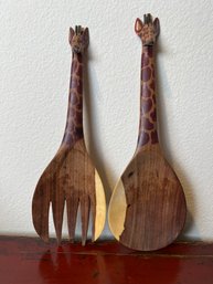 Wood Giraffe Salad Tossing Fork And Spoon.