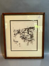 Framed Scenic Town Waterway Drawing - Signed