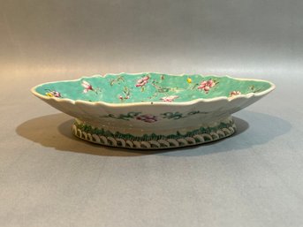 Vintage Chinese Floral Glazed Oval Bowl