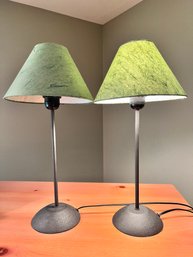 Pair Of Green Shade Table Lamps.