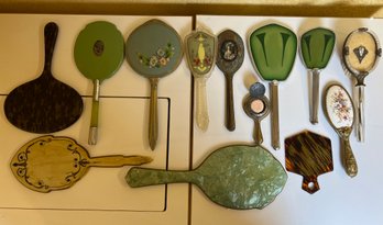 Lot Of 13 Vintage And Antique Hand Mirrors And Hair Brushes.