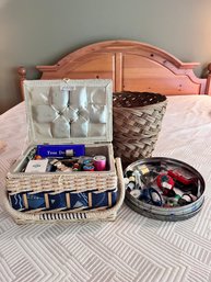 1 Sewing Basket, I Mint Container With Sewing Supplies And A Basket