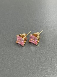 14K Yellow Gold & Pink Square CZ Pierced Stud Earrings