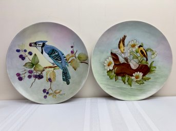 Pair Of Handpainted Painted Bird Plates - Adrienne 1981 & Undated