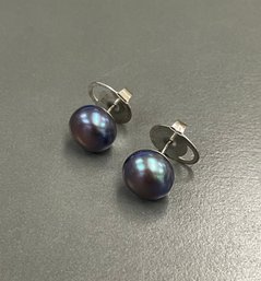 Large Blue Pearl Button Sterling Post Back Earrings