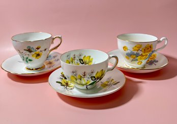 Mixed Lot Of 3 -yellow Floral China Cup & Saucers *Local Pick Up Only*