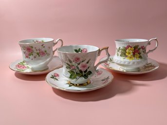 Mixed Lot Of 3 - Pink Floral China Cup & Saucers *Local Pick Up Only*