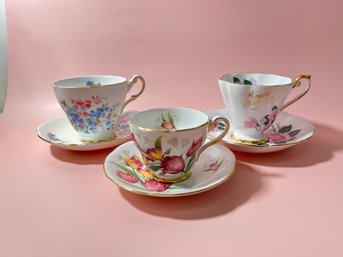 Mixed Lot Of 3 -  Floral & Happy Birthday China Cup & Saucers *Local Pick Up Only*