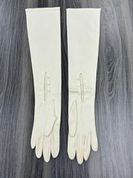 White Full Length Gloves With Mother Of Pearl Buttons