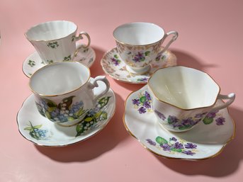 Mixed Lot Of 4 Greens & Purple Floral China Cup & Saucers *Local Pick Up Only*
