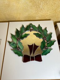 Mirror With Stained Glass Holly Wreath Surrounding It.