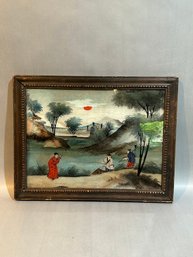 Chinese Reverse Glass Painting In Antique Frame