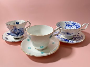 Mixed Lot Of 3 -Blue Floral & Snowflake China Cup & Saucers *Local Pick Up Only*