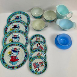J Chein USA Vintage Tin Bunny Tea Set Mussing 1 Cup And Some Plastic Accessories.