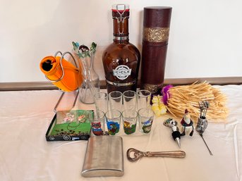 Assorted Bar Ware, Shot Glasses, Opener, Growler, Wine Glass Rings, Decanter, Glass Fish Theme Stir Sticks.