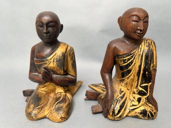 Pair Of Carved Wood Buddhist Monks