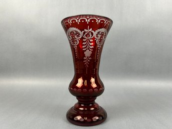 Etched Ruby Red Czechoslovakia Glass Vase