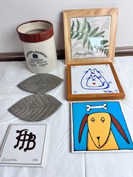 4 Tile Trivets, 2 Leaf Candle Holders, Clay Crock Imported From England.