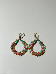 Vintage Beaded Multicolor Dangle Hoop Earrings