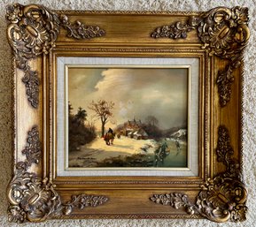 Gold Gilded Frame With Oil On Baker Board Signed De Mann-missing Paint In Places