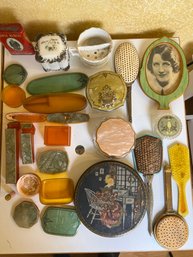 Lot Of Antique Vanity Containers, Brushes And A Frame.