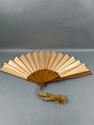 Vintage Wood And Satin Hand Held Folding Fan.