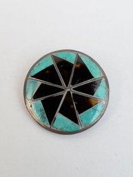 Silver Round Pin With Turquoise & Black Stone