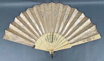 Decorative Vintage Hand Held Folding Fan Bone And Satin.