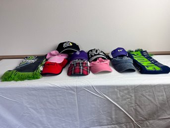 9 Hats From Various Locations, Sounders And Seahawks Super Bowl Champs Scarves.