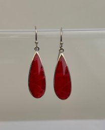 Silver Tear Drop Earrings With Red Stone