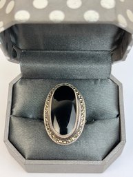 Large Silver Ring With Oval Black Stone - Sz. 9