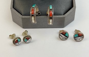 Lot Of 3 Zuni Earrings - Silver, Shell, Turquoise Inlay