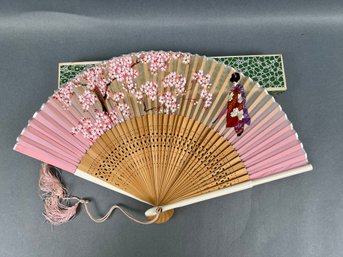 Vintage Hand Held Asian Folding Fan Bamboo And Paper Hand Painted.