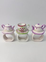 3 Tea Motif Ceramic Napkin Rings.