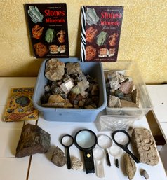 2 Bins Of Rocks And Fossils, 3 Books And 6 Magnifying Glasses.