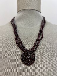 Three Strand Red Stone Choker Necklace With Cut Stone Pendant