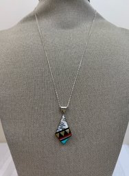 Zuni Multi Color Inlay Diamond Shaped Pendant W/box Link Chain