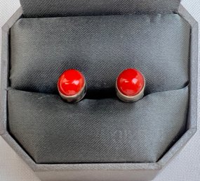 Silver Round Button Earrings With Orange Red Stone