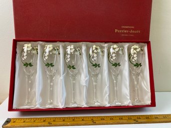 6 Perrier-jouet Champagne Glasses In Box. Made In France