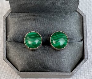 Silver And Malachite Button Earrings