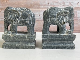 Vintage Set Of 2 Stone Elephant Bookend Figurines Art