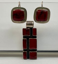 Set Of Silver Wireback Earrings And Pendant, With Red Stone