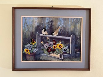 Framed Painting With Embroidery Art - Chickadees And Pansies
