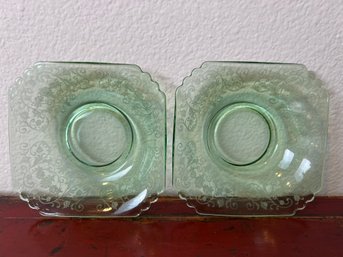 2 Federal Green Depression Glass -floral Design