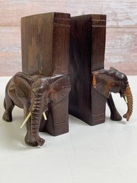 Vintage Set Of 2 Hardwood Elephant BookEnd Figurines Art