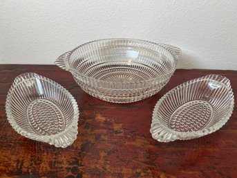 Lot Of 3 Hazel Atlas Beehive Pressed Glass Serving Dishes.