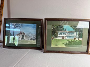 2 Watercolors Of Old Estates Signed Ken Helms 79.