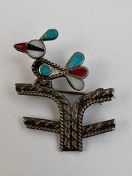 Silver Zuni Multi Stone Inlay Bird Pin