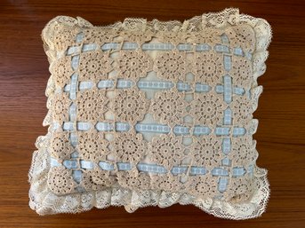 Square Crocheted Front Accent Pillow With Lace Edging